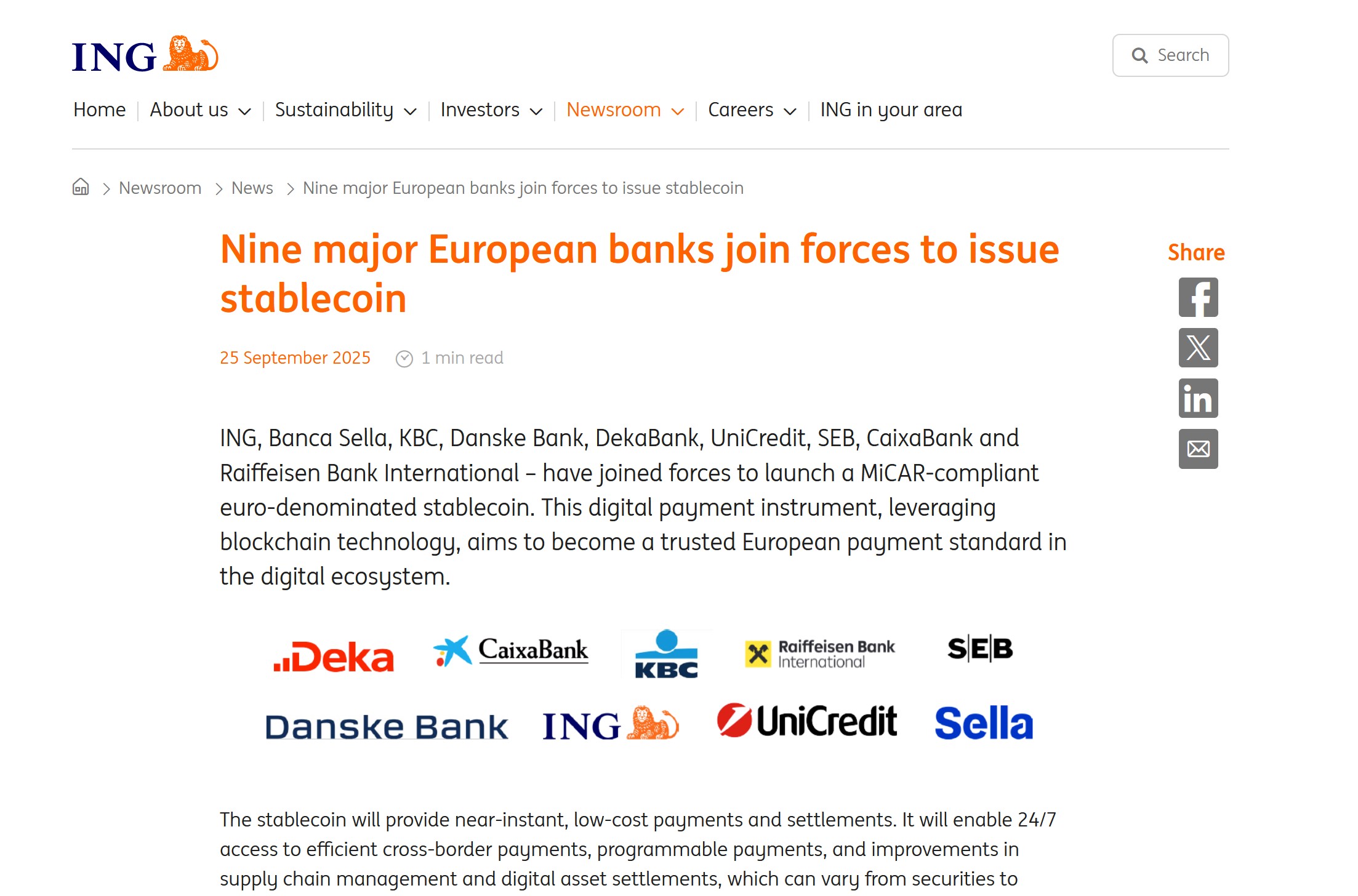 Nine banks to issue an Euro stablecoin