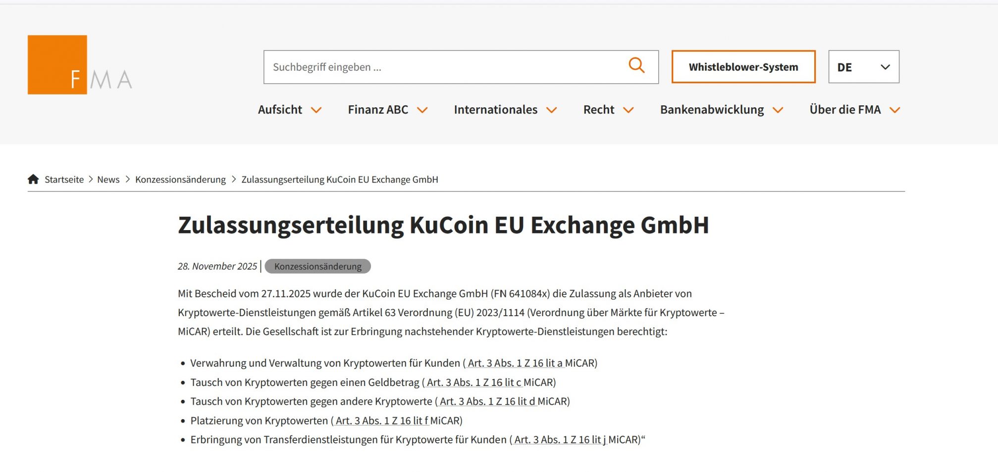 KuCoin MiCA license in Austria