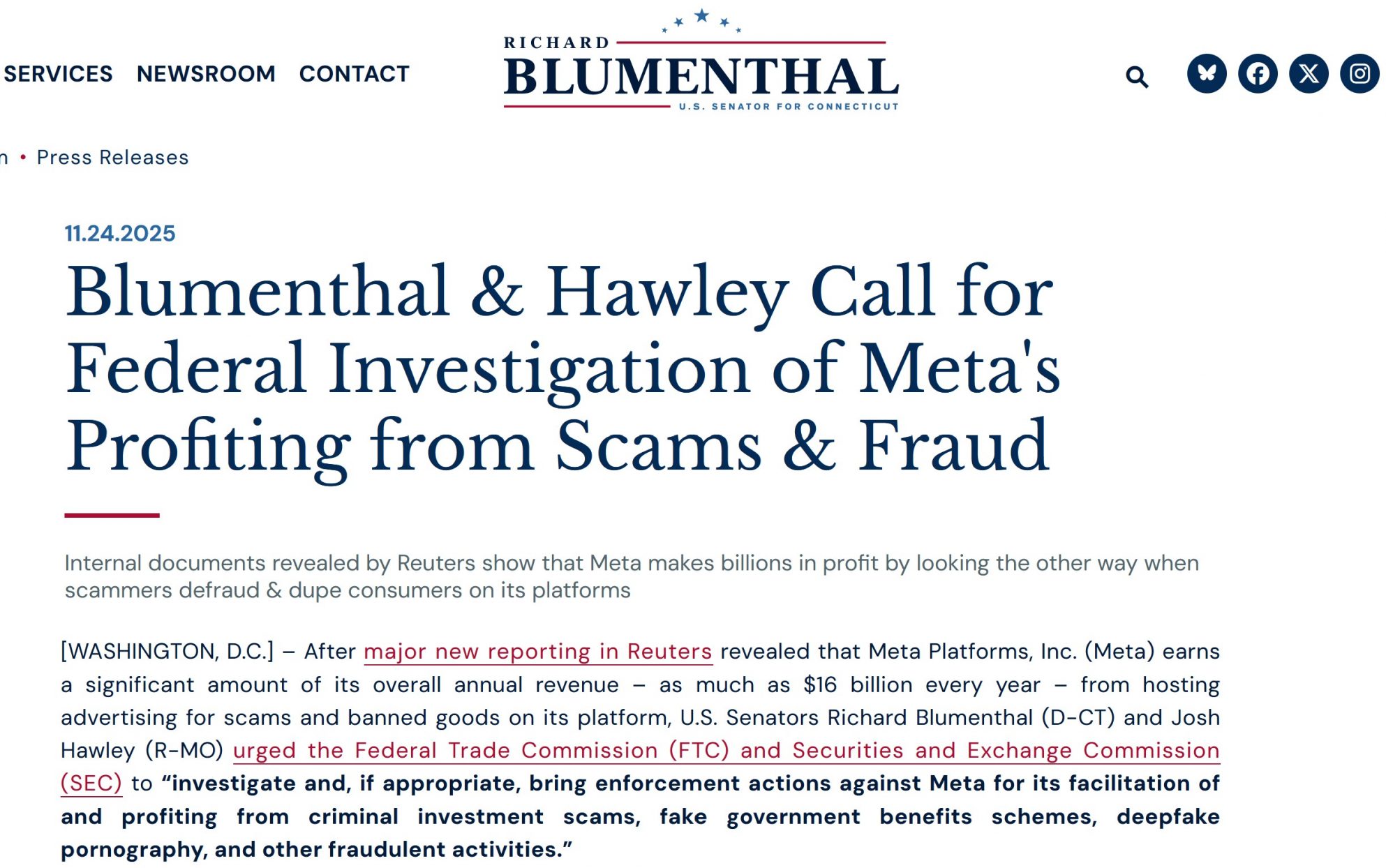 US Senatos urge for actions against Meta