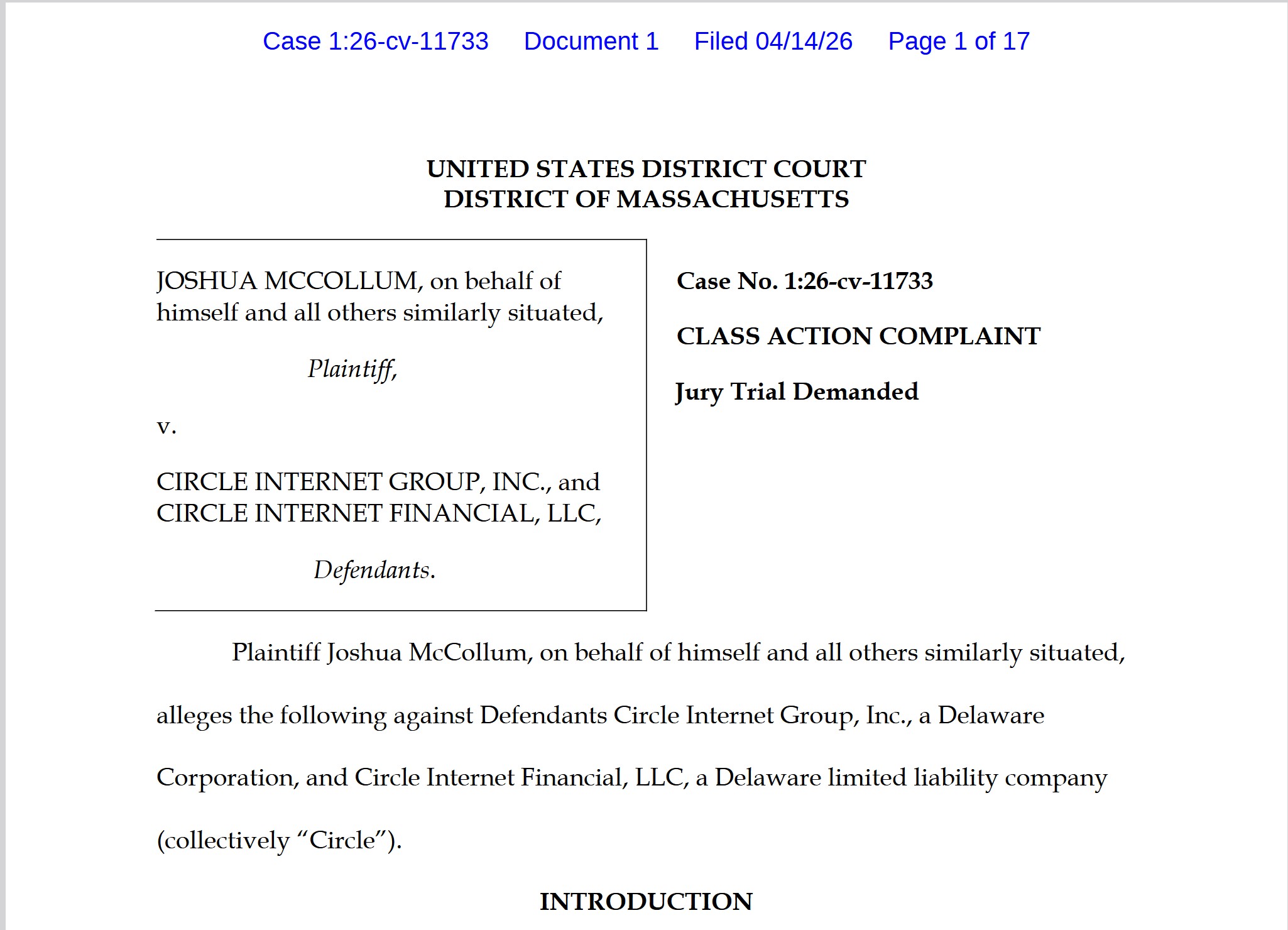 Circle Class action 14042026