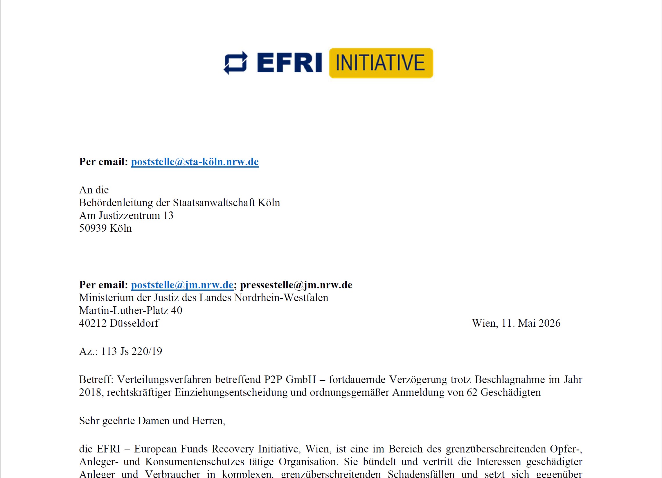 Asset recovery letter as of 11 May 2026