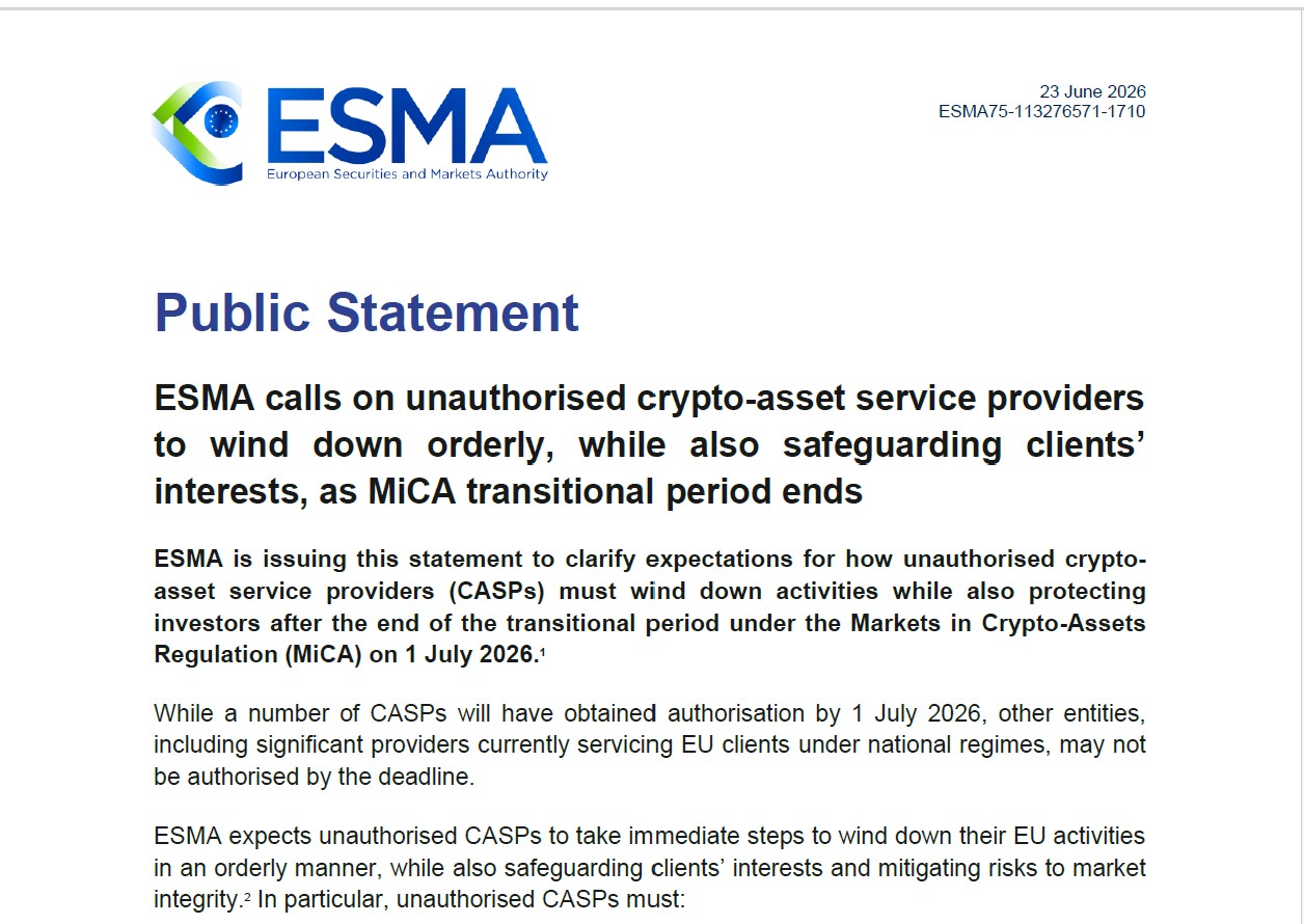 ESMA Warning as of 23 June 2026