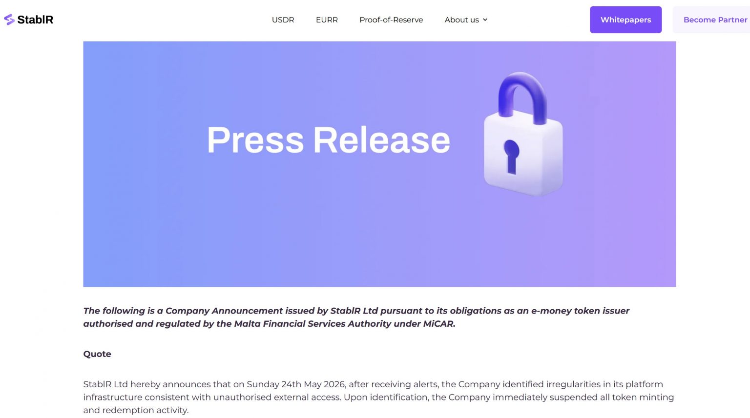 StablR Cyber Incident