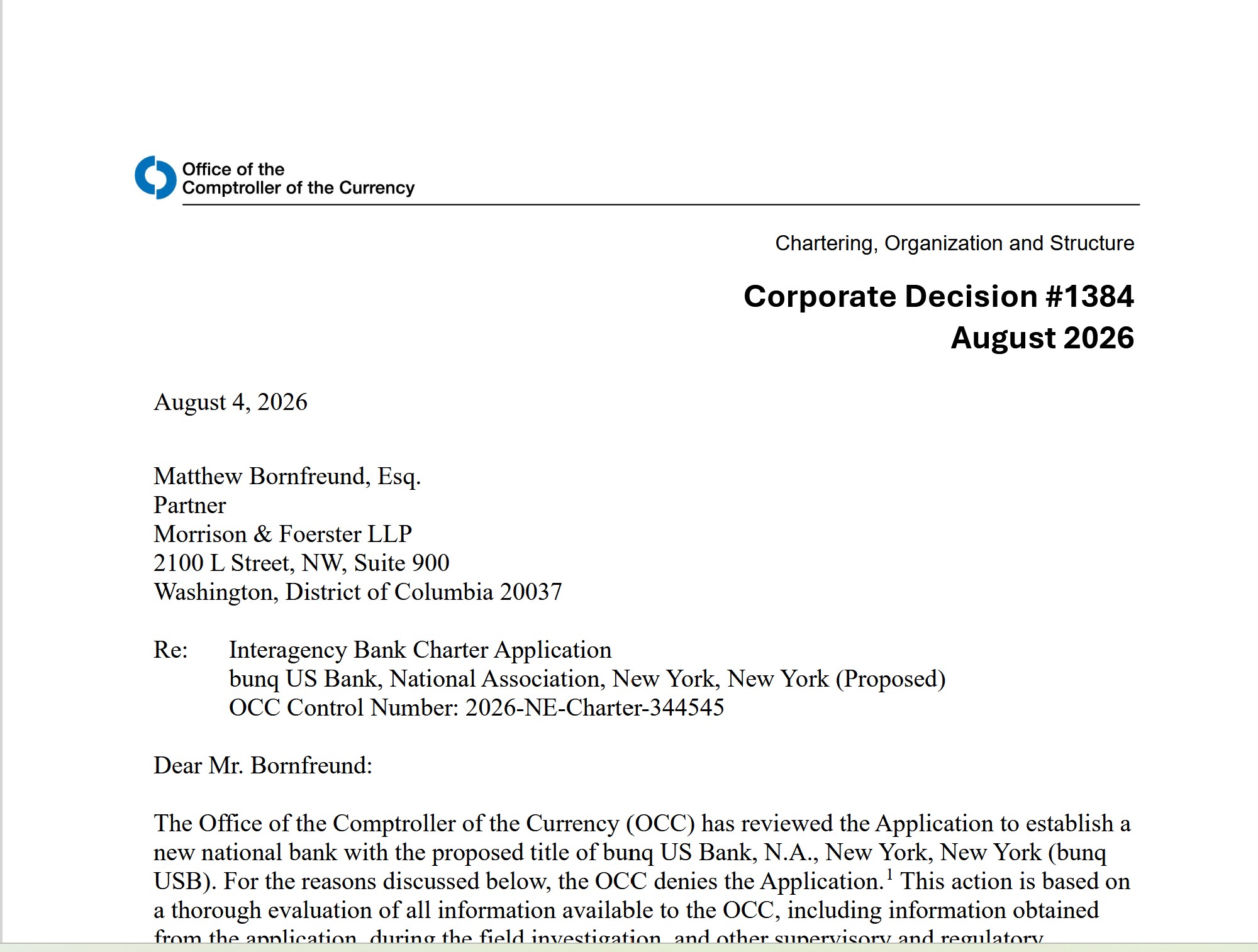 Bunq OCC decision