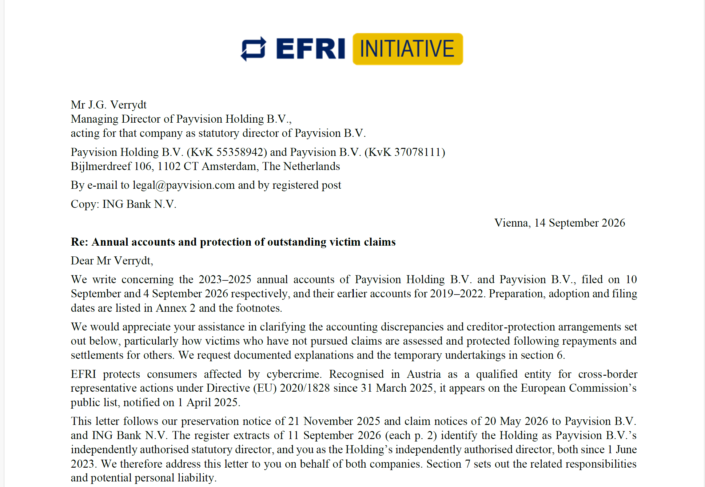 letter regarding the annual accounts