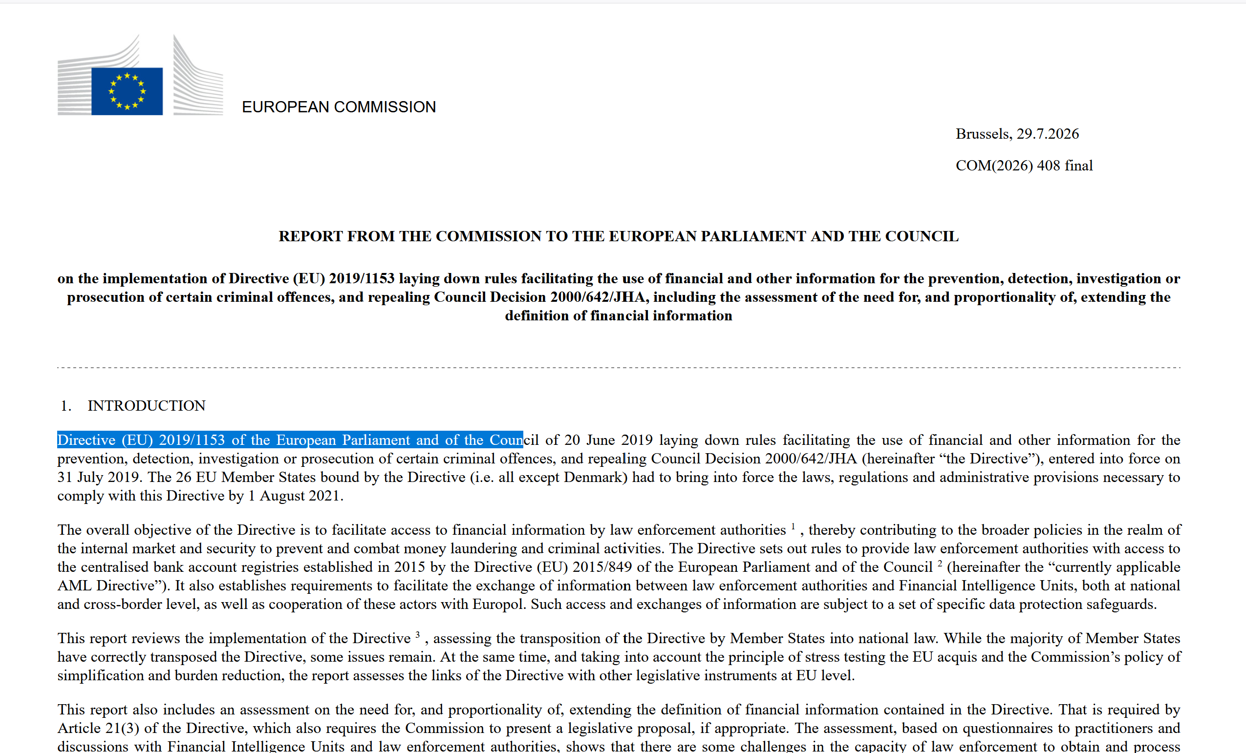 Report on Directive 2019/1153