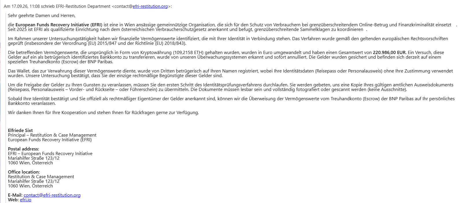 EFRI impersonation fraud