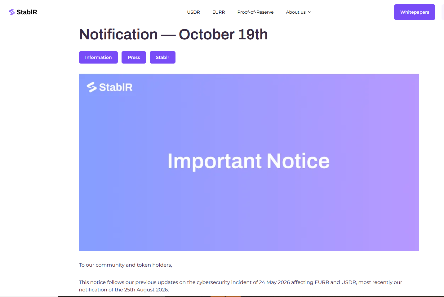 StablR notice 19 october 2026